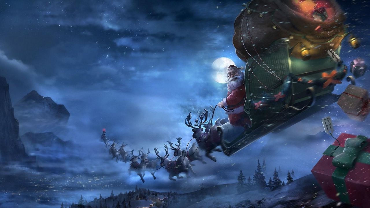 1280x720 Wallpaper santa claus, reindeer, sleigh, flying, gifts, christmas