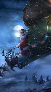 Preview wallpaper santa claus, reindeer, sleigh, flying, gifts, christmas