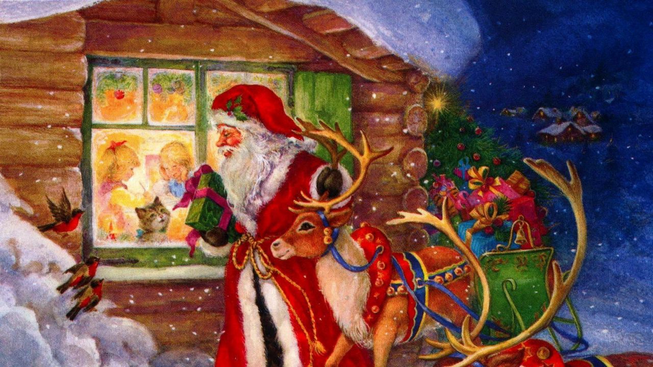 Wallpaper santa claus, reindeer, window, kids, gifts, holiday, christmas, birds