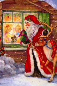 Preview wallpaper santa claus, reindeer, window, kids, gifts, holiday, christmas, birds