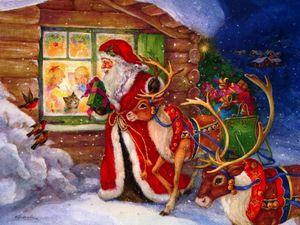 Preview wallpaper santa claus, reindeer, window, kids, gifts, holiday, christmas, birds