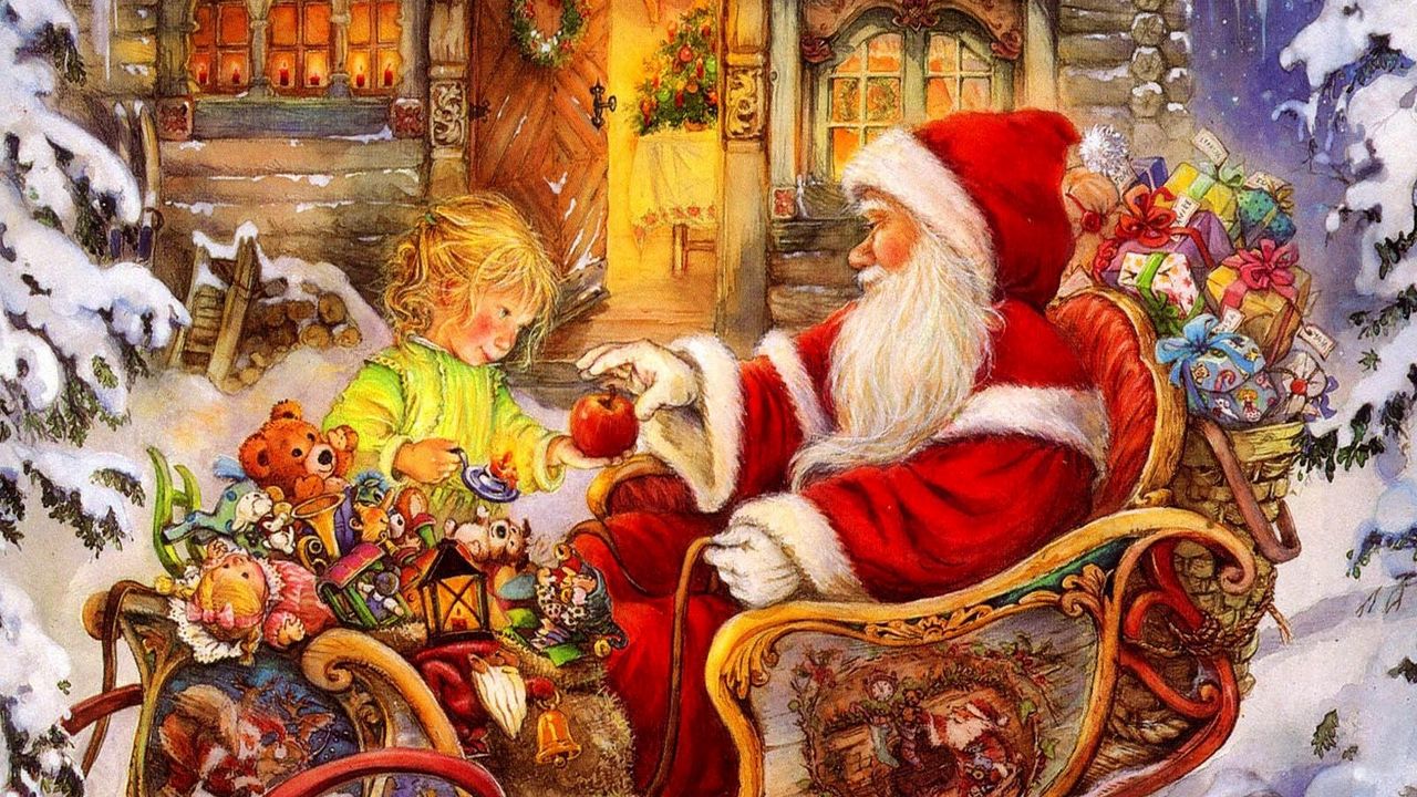 Wallpaper santa claus, sleigh, baby, apple, gifts, holiday, christmas