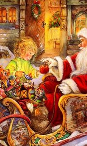 Preview wallpaper santa claus, sleigh, baby, apple, gifts, holiday, christmas
