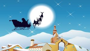 Preview wallpaper santa claus, sleigh, flying, moon, city, houses