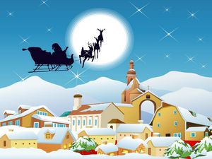 Preview wallpaper santa claus, sleigh, flying, moon, city, houses