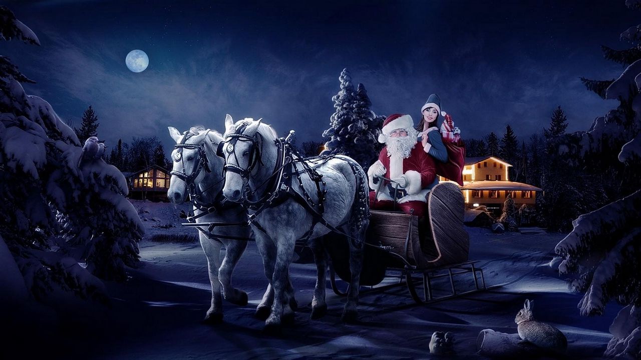 Wallpaper santa claus, sleigh, girl, horse, tree, night, christmas, bag, gifts