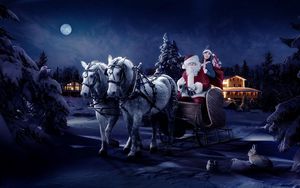 Preview wallpaper santa claus, sleigh, girl, horse, tree, night, christmas, bag, gifts