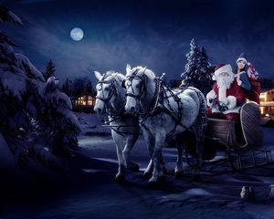 Preview wallpaper santa claus, sleigh, girl, horse, tree, night, christmas, bag, gifts