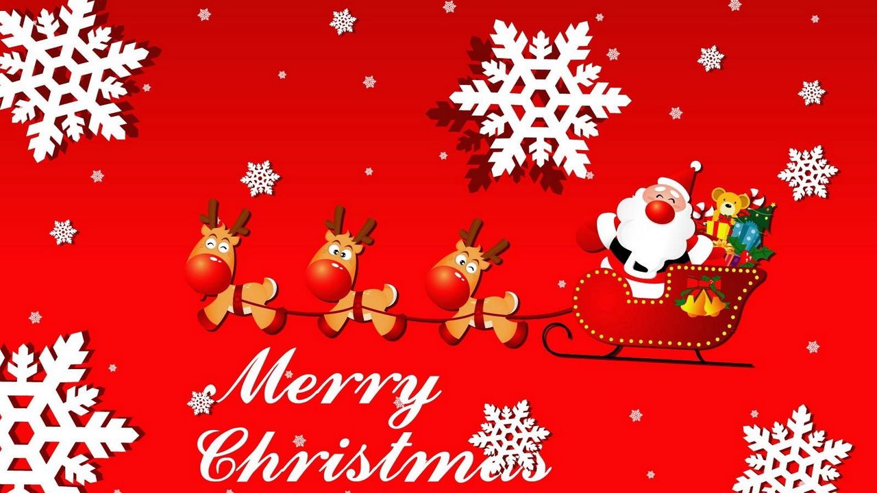 Wallpaper santa claus, sleigh, presents, reindeer, snowflakes, city, christmas