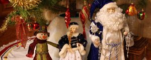 Preview wallpaper santa claus, snow maiden, snowman, christmas decorations, tree, new year