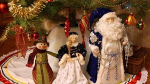 Preview wallpaper santa claus, snow maiden, snowman, christmas decorations, tree, new year