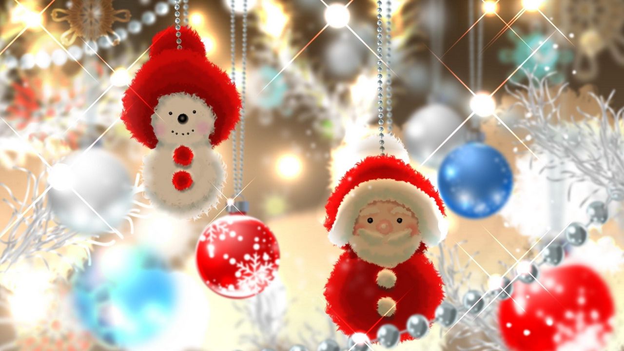 Wallpaper santa claus, snowman, balls, christmas decorations, yarn