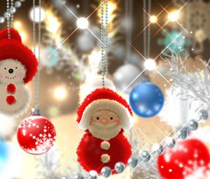 Preview wallpaper santa claus, snowman, balls, christmas decorations, yarn