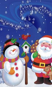 Preview wallpaper santa claus, snowman, christmas, tree, snowflakes, postcard