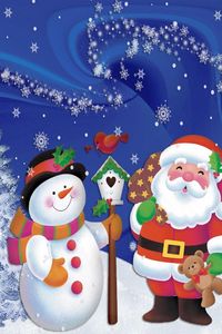 Preview wallpaper santa claus, snowman, christmas, tree, snowflakes, postcard