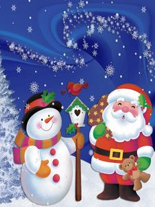 Preview wallpaper santa claus, snowman, christmas, tree, snowflakes, postcard