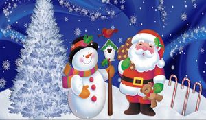 Preview wallpaper santa claus, snowman, christmas, tree, snowflakes, postcard