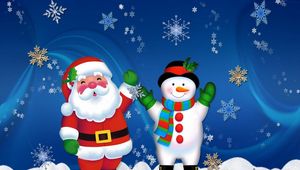 Preview wallpaper santa claus, snowman, holiday, christmas, mood, snowflakes