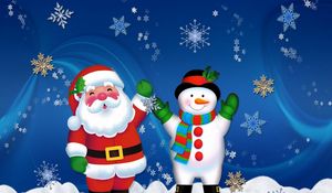 Preview wallpaper santa claus, snowman, holiday, christmas, mood, snowflakes