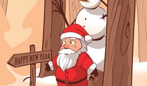 Preview wallpaper santa claus, snowman, new year, vector, forest