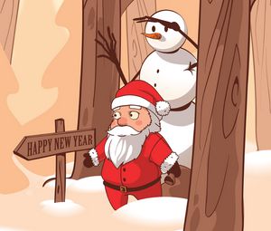 Preview wallpaper santa claus, snowman, new year, vector, forest