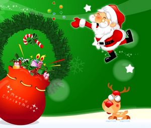 Preview wallpaper santas, bag, gifts, reindeer, wreath