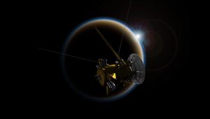 Preview wallpaper satellite, space, planet, glow, glare, dark, spacecraft
