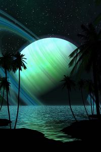 Preview wallpaper saturn, palm trees, water, darkness, fantasy