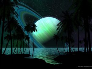Preview wallpaper saturn, palm trees, water, darkness, fantasy