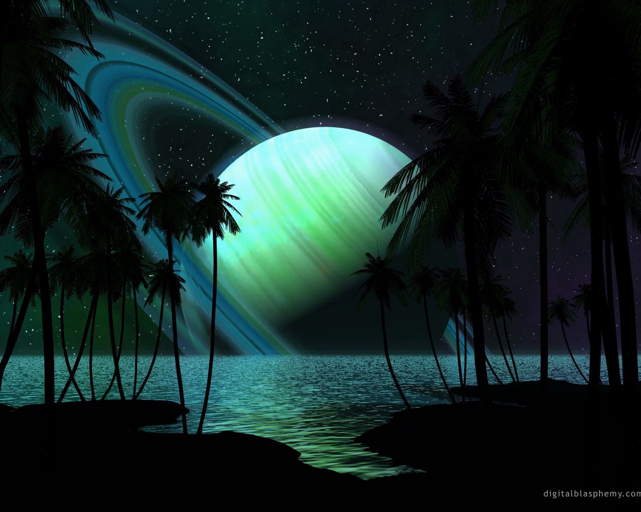 Download wallpaper 1280x1024 saturn, palm trees, water, darkness ...