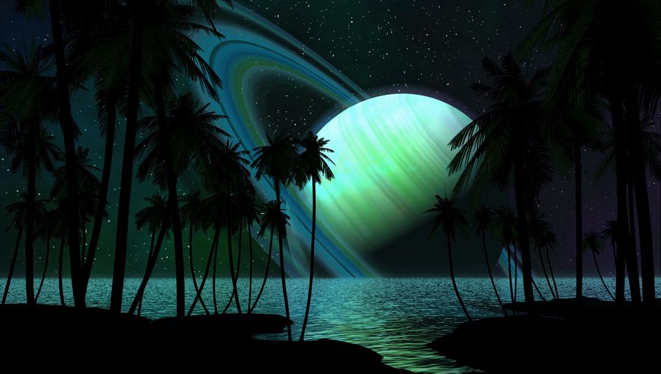 Download wallpaper 960x544 saturn, palm trees, water, darkness, fantasy