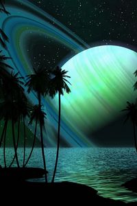 Preview wallpaper saturn, planet, palm trees, sky, light