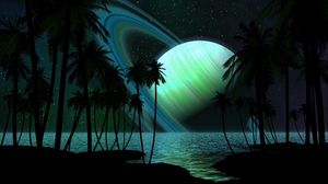 Preview wallpaper saturn, planet, palm trees, sky, light