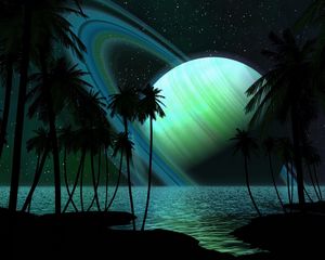 Preview wallpaper saturn, planet, palm trees, sky, light