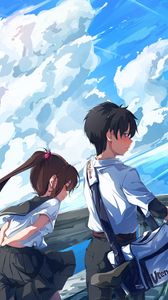 Preview wallpaper schoolchildren, couple, walk, clouds, anime, art, cartoon