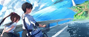 Preview wallpaper schoolchildren, couple, walk, clouds, anime, art, cartoon