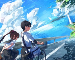 Preview wallpaper schoolchildren, couple, walk, clouds, anime, art, cartoon