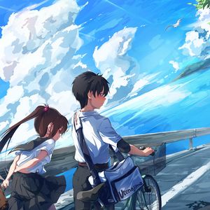 Preview wallpaper schoolchildren, couple, walk, clouds, anime, art, cartoon