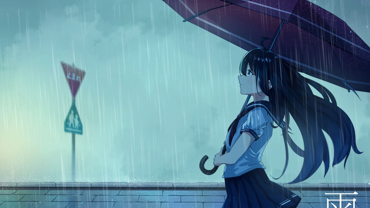 Wallpaper schoolgirl, umbrella, rain, anime