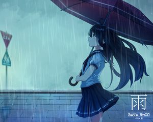 Preview wallpaper schoolgirl, umbrella, rain, anime