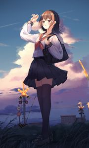 Preview wallpaper schoolgirl, uniform, clouds, twilight, anime