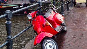 Preview wallpaper scooter, bike, red, bridge, street