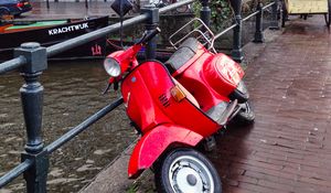 Preview wallpaper scooter, bike, red, bridge, street