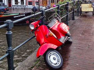 Preview wallpaper scooter, bike, red, bridge, street