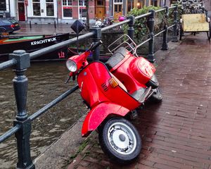 Preview wallpaper scooter, bike, red, bridge, street