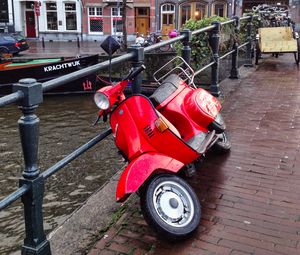 Preview wallpaper scooter, bike, red, bridge, street