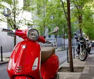 Preview wallpaper scooter, bike, red, parking, road