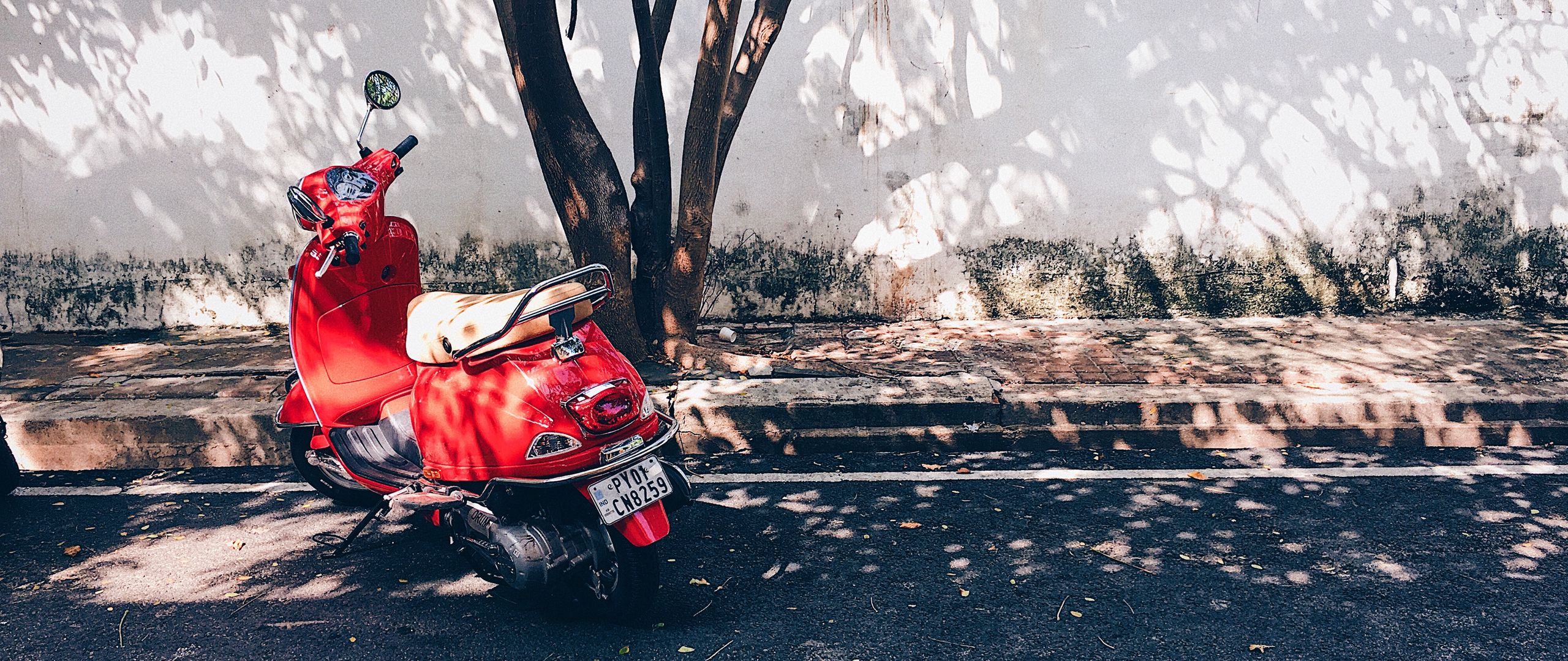 Download wallpaper 2560x1080 scooter, moped, street, shadow dual wide