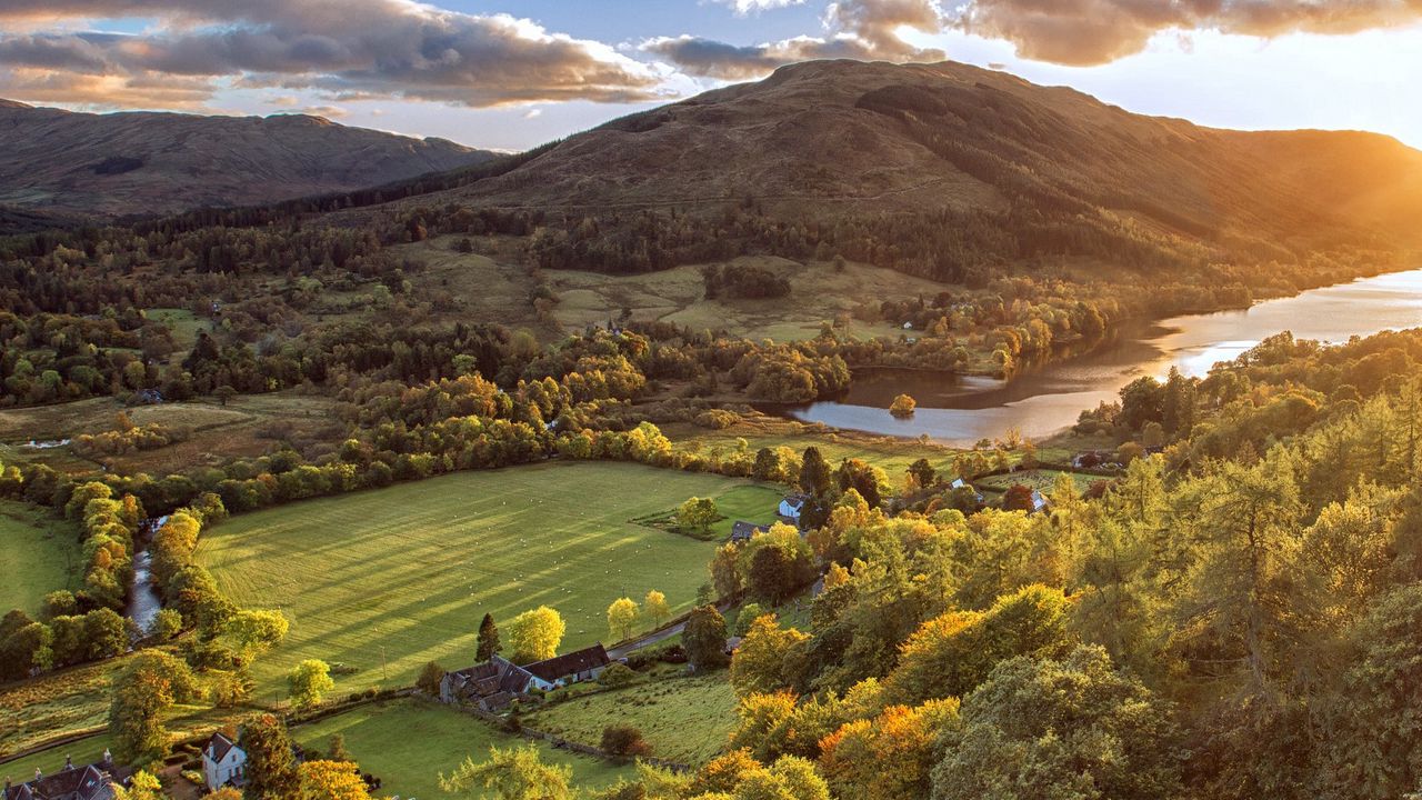 Wallpaper scotland, mountains, field, river, trees, view from above