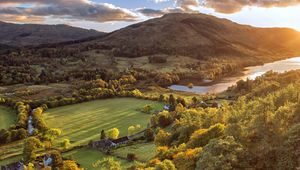Preview wallpaper scotland, mountains, field, river, trees, view from above